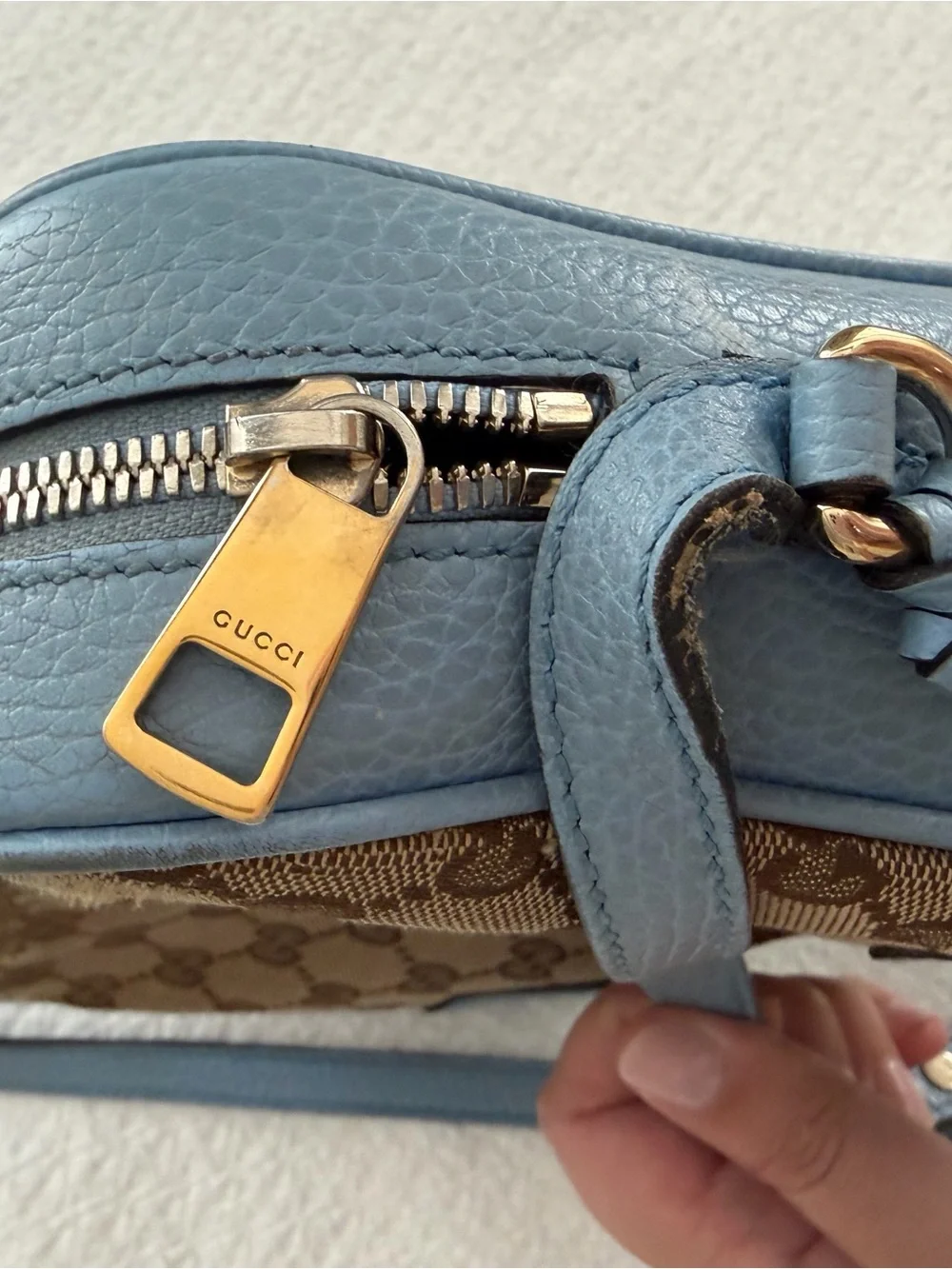 Gucci Brown GG Canvas and Light Blue Leather Crossbody Bag